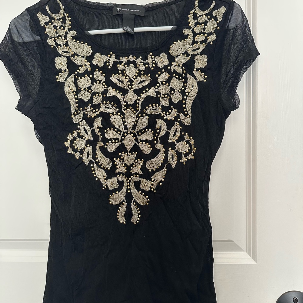 INC black and gold embellished mesh top. Size medium.